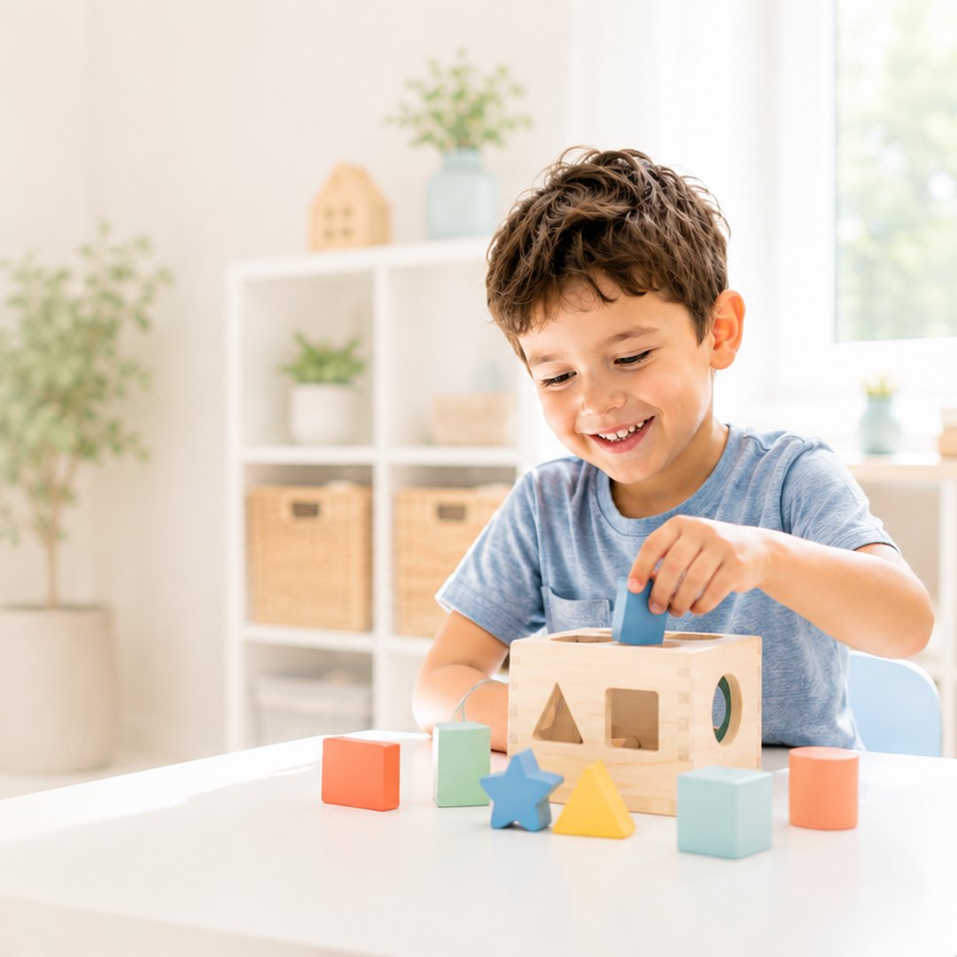 Niño sonriente jugando con un cubo de figuras durante una sesión