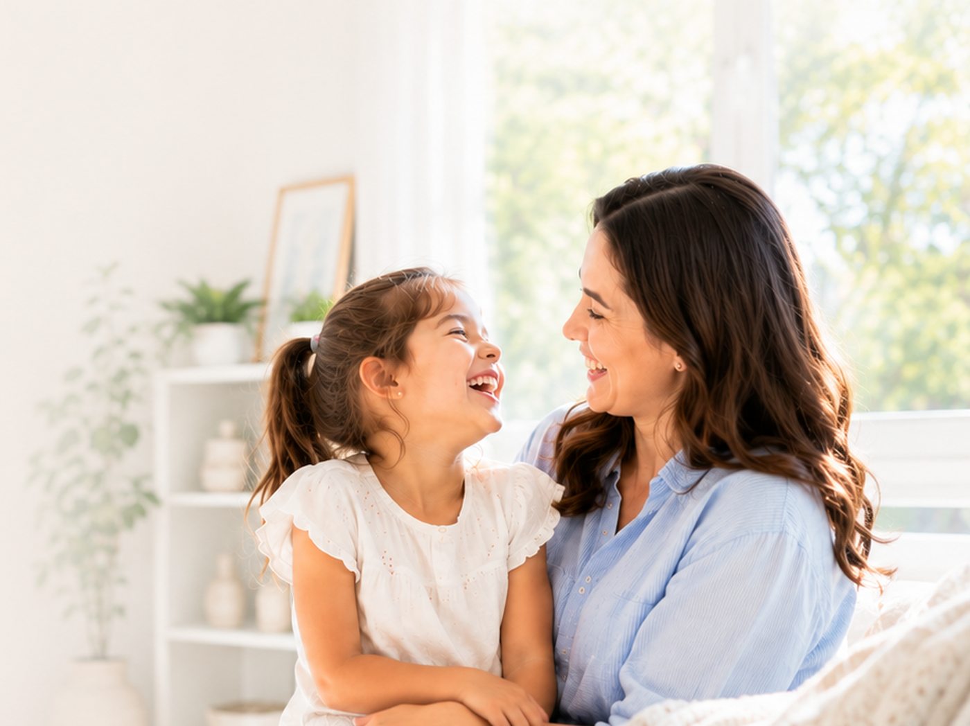 Madre e hija riendo juntas en un ambiente luminoso