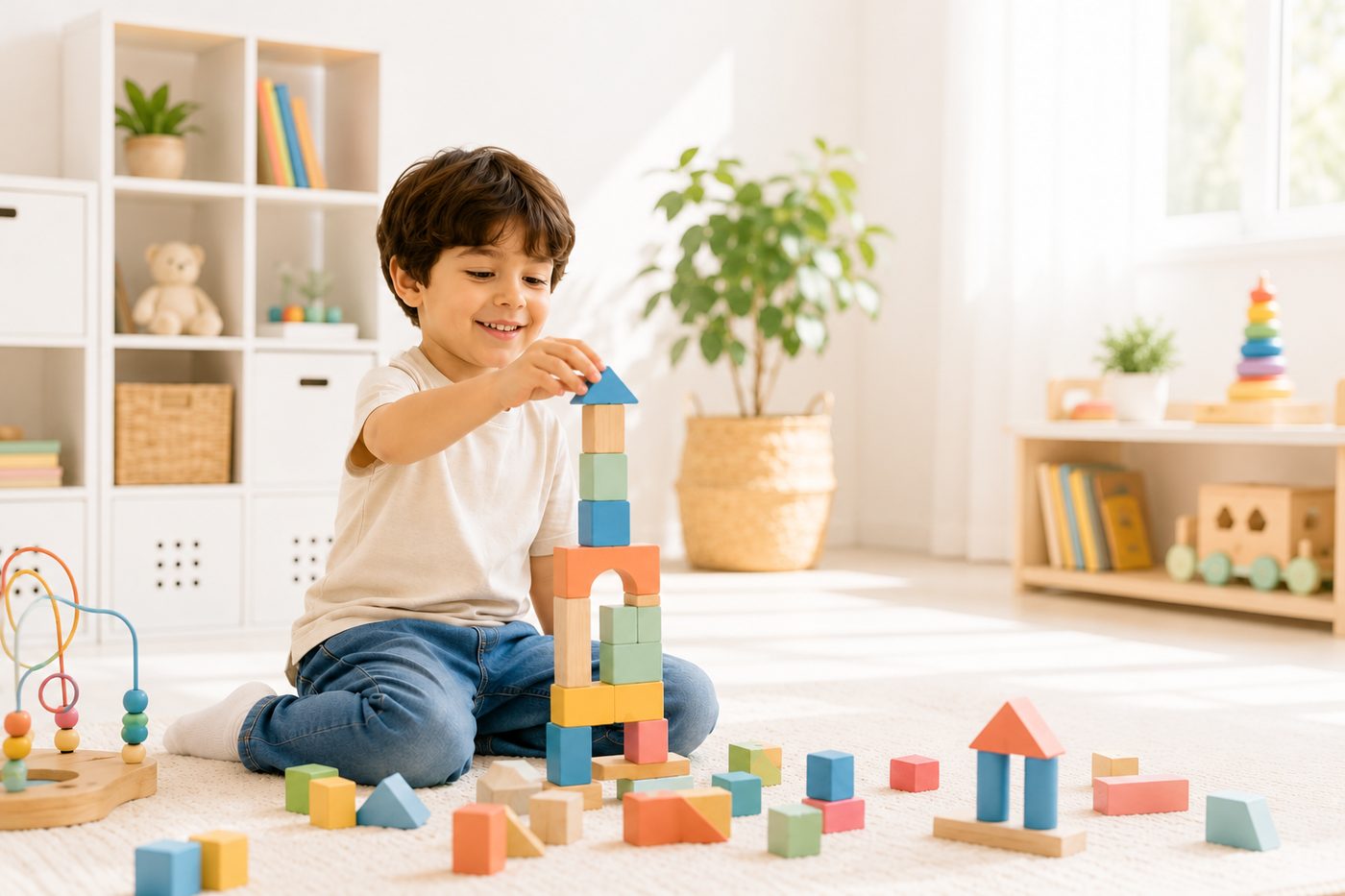Niño jugando con bloques de colores en el suelo