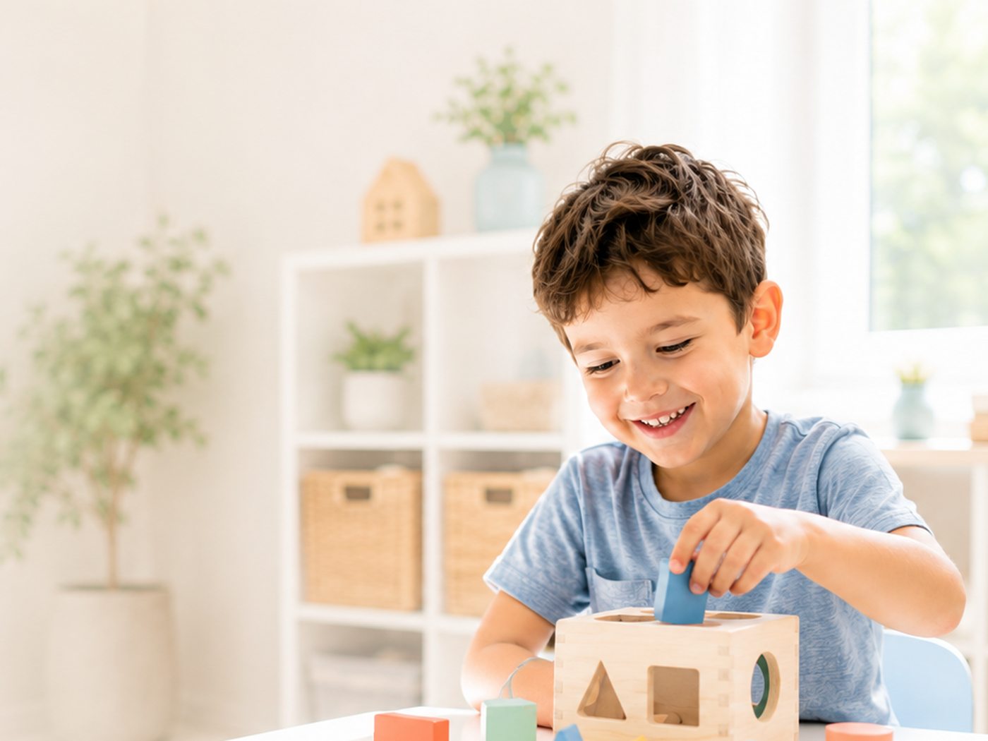Niño sonriente jugando con un cubo de figuras